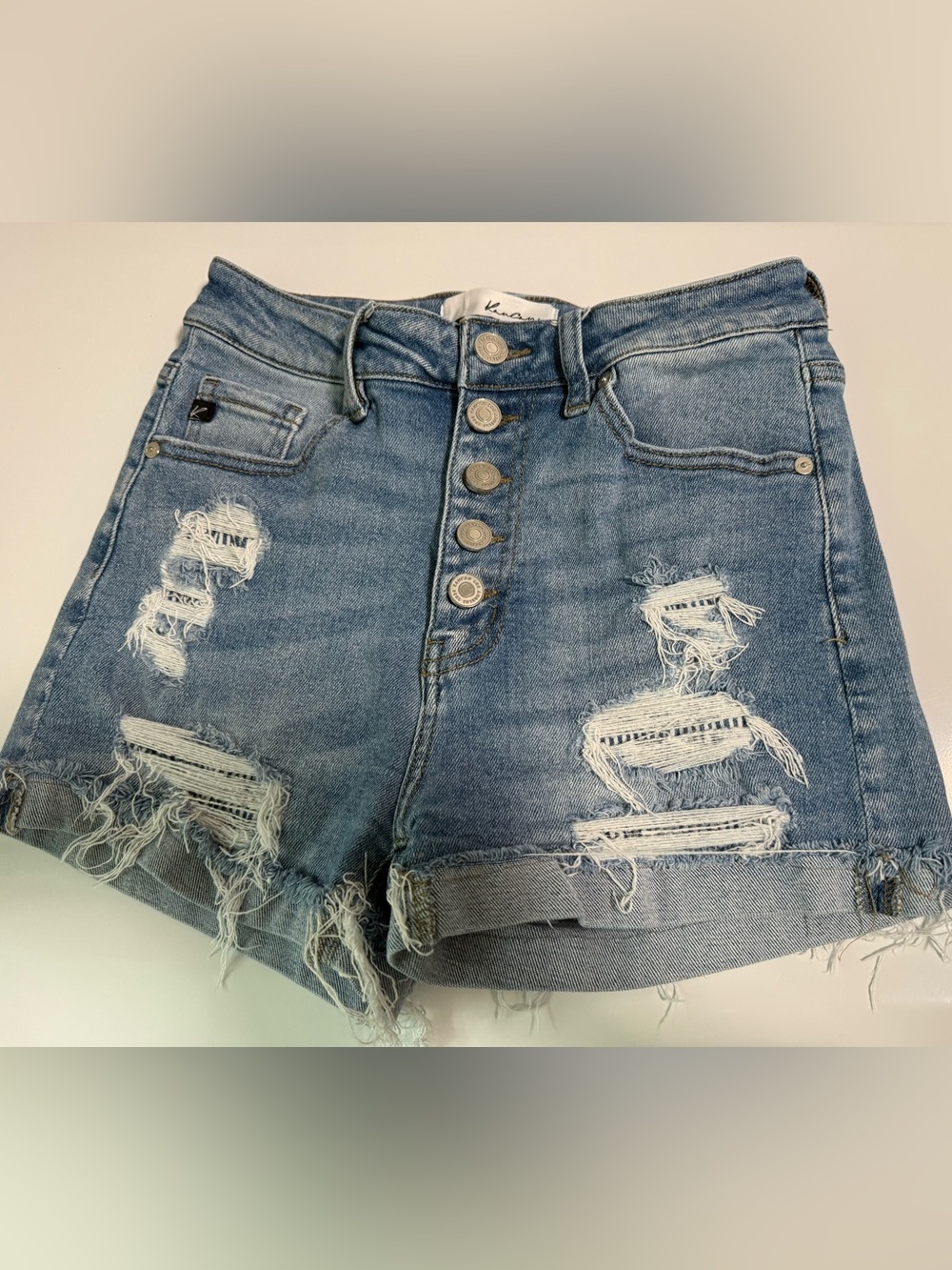 KanCan Distressed High-Rise Denim Shorts in Light Blue